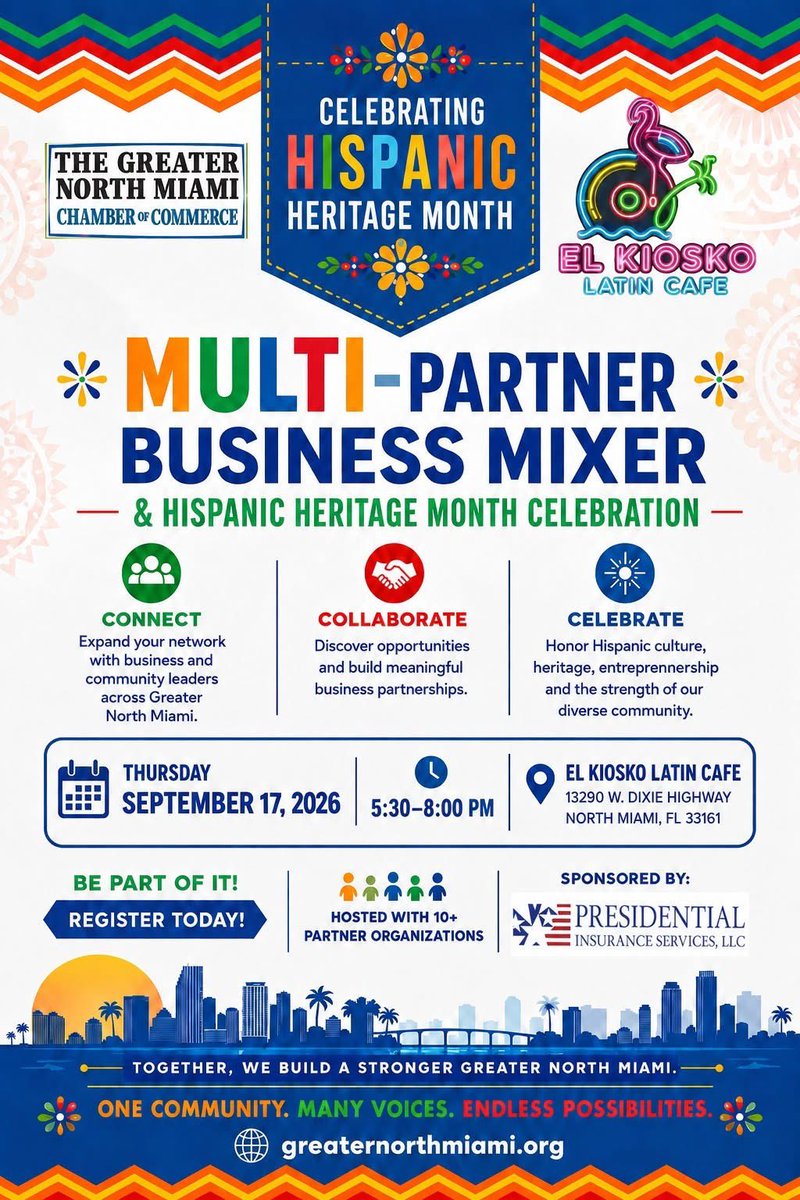 GNMiamiChamber's tweet photo. Hispanic Heritage Month Multi-Partner Business Mixer!

Connect with business owners, professionals, community leaders and elected officials through speed networking.

Hosted by the Greater North Miami Chamber with 10+ Partner Organizations.

RSVP: https://t.co/lASQMvO3PN https://t.co/kESpIUvXcl