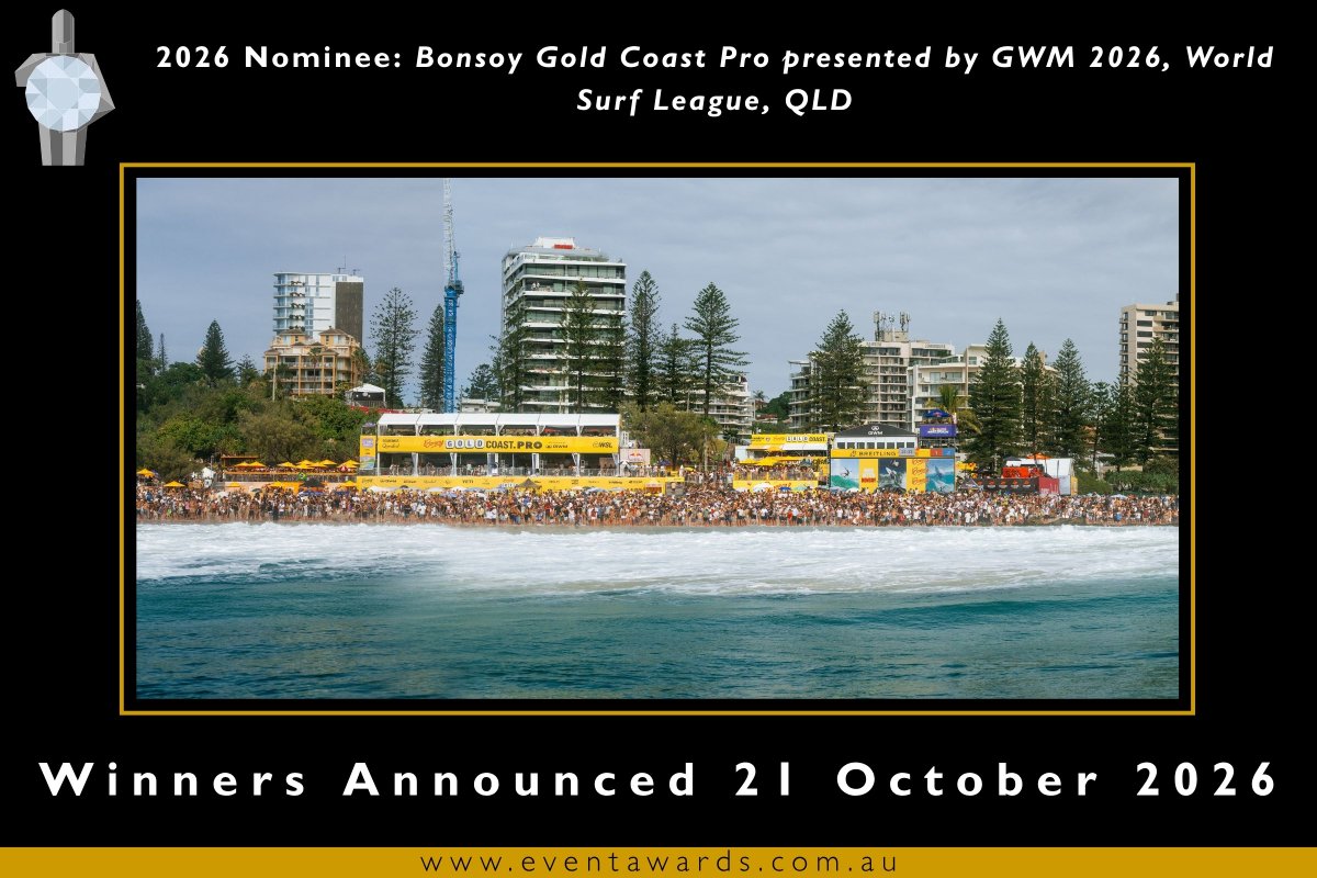 TheEventAwards's tweet photo. Could we have a winner? 

Bonsoy Gold Coast Pro presented by GWM 2026, World Surf League, QLD is a Nominee in 2026, will they walk a away with a trophy? Join us on 21 October to find out!

Get your tickets here: https://t.co/WmGAfc3rYN
#EventAwards #EventIndustry #Awards2026 https://t.co/xbVGLLsaJs
