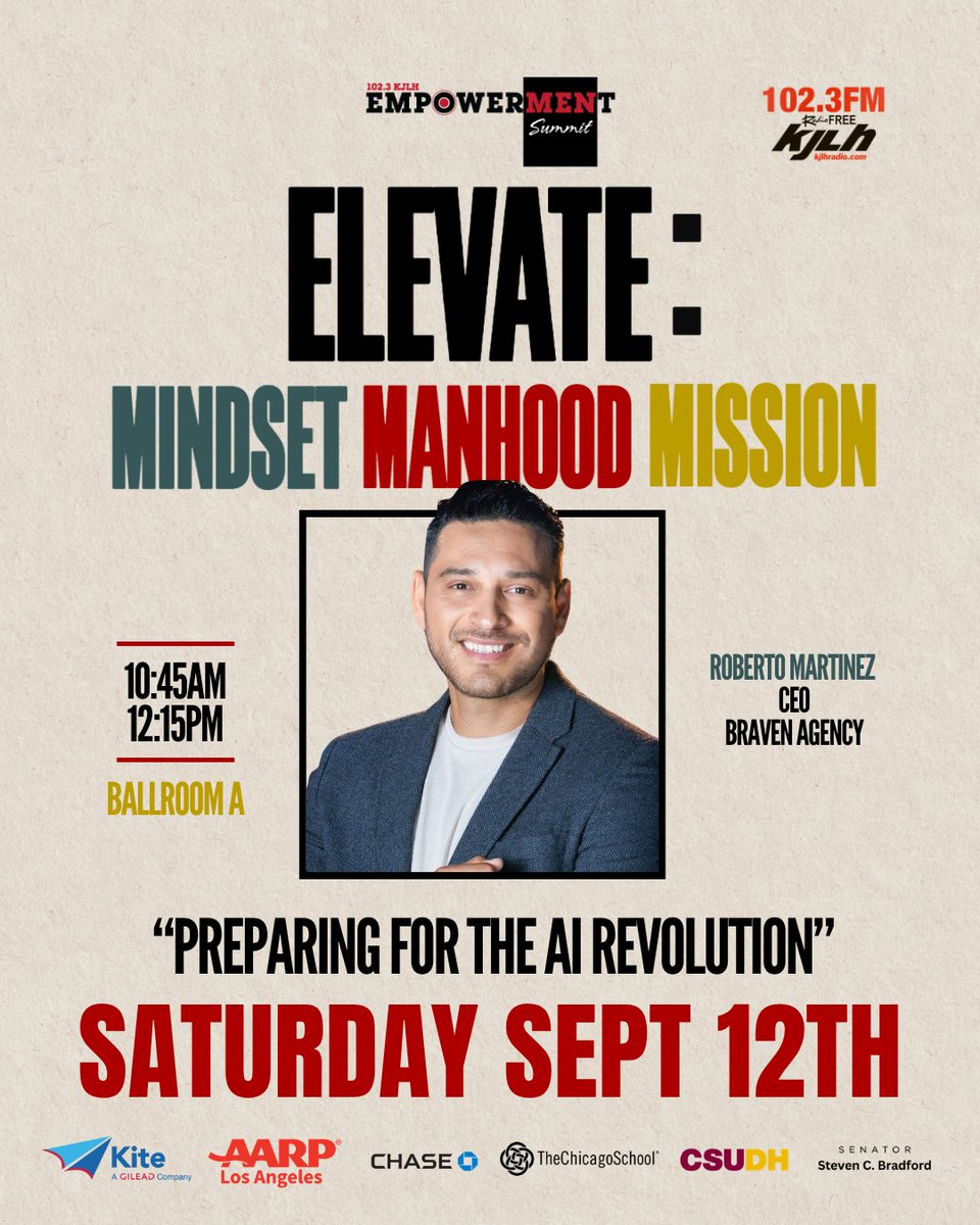 RadioFreeKJLH's tweet photo. Is AI changing manhood? Find out 9/12 at the FREE Men's Empowerment Summit w/ Ricky Ruckus, Walter Tucker, Roberto Martinez & Prof. Mark Karlin.
🤖 Register for FREE at https://t.co/l5q9XK2qxN.
#MensEmpowermentSummit #KJLH #AIRevolution https://t.co/16D6hYzhqM