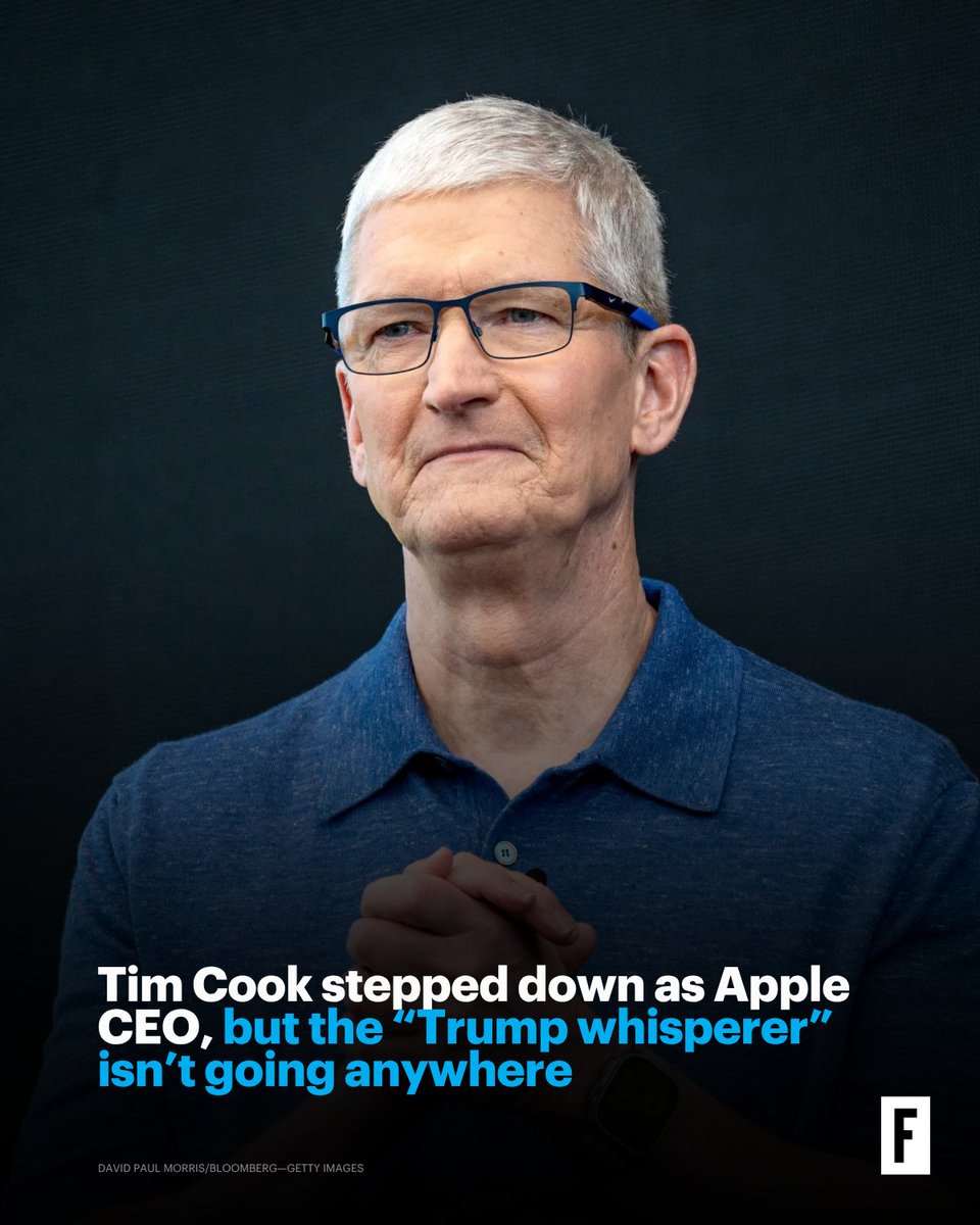 Fortune500's tweet photo. Tim Cook, who handed the CEO title to longtime hardware chief John Ternus on Tuesday, will stay on as executive chair for the tech company. https://t.co/rW5HtfpMOl https://t.co/6eGh2PnwSh