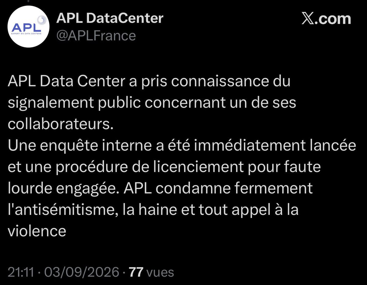 SwordOfSalomon's tweet photo. 🚨 MISE À JOUR : @APLFrance, l’employeur de Serge de Oliveira (@sdo9577), annonce qu’à l’issue d’une enquête interne, une procédure de licenciement pour faute a été engagée à son encontre en raison de ses publications antisémites. https://t.co/wtHAwwC30s