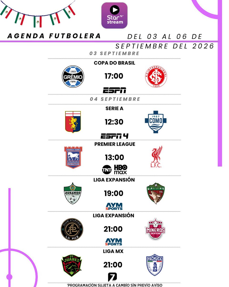 StarTVStreamMX's tweet photo. ¡El balón no se detiene y la emoción tampoco! ⚽✨ 

Mantente al día con todos los partidos del fin de semana y arma la mejor jugada con StarTV Stream.

Consulta los horarios, encuentros y canales para vivir la pasión del fútbol desde donde estés. 👇📺

#AgendaFutbolera #Futbol https://t.co/srATUcgzFc