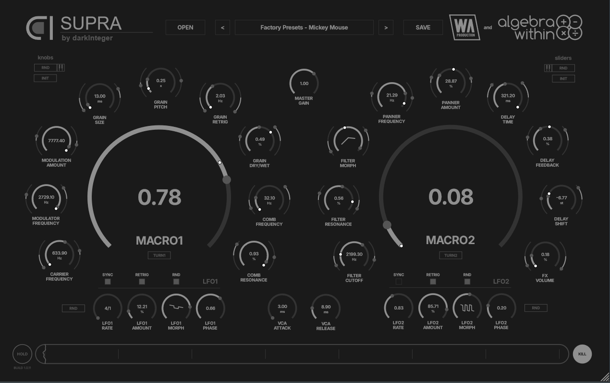 WAProdSound's tweet photo. Introducing SUPRA, a hybrid granular synthesizer that turns a single carrier tone into drifting analog textures, rich FM harmonics, evolving grain clouds, and cascading pitch-shifted delay trails, with six DSP stages on one clean page.

Link: https://t.co/jfR4BtzE3x https://t.co/x3Jg2rmRXF
