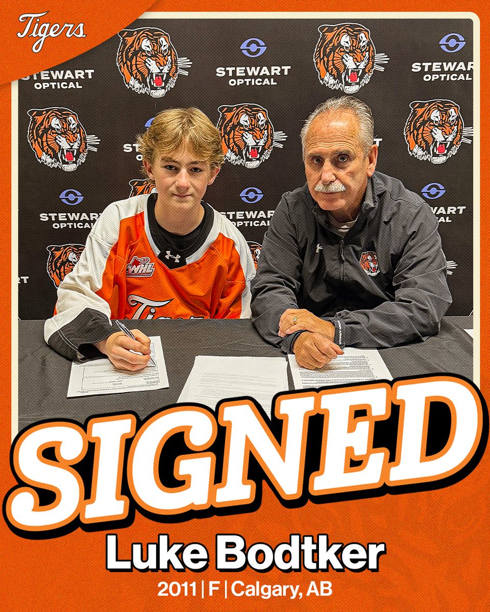 tigershockey's tweet photo. ✍ SIGNED! ✍

We are proud to announce the signing of 2011-born forward Luke Bodtker to a WHL Scholarship &amp; Development Agreement! 🐅

More details on our website: https://t.co/EF8iG5yObH https://t.co/ZirIHx5SGT
