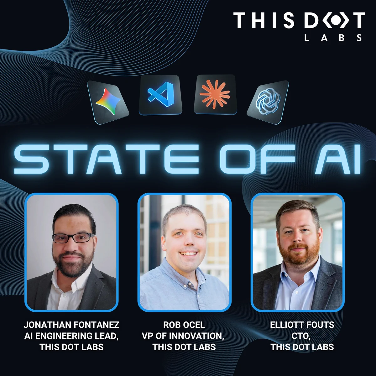 This Dot Labs “State of AI” graphic featuring AI tool logos and headshots of Jonathan Fontanez, AI Engineering Lead; Rob Ocel, VP of Innovation; and Elliott Fouts, CTO.