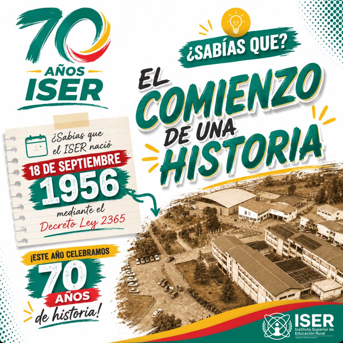 iser_oficial's tweet photo. Toda gran historia tiene un comienzo… y la nuestra comenzó hace 70 años. 
El 18 de septiembre de 1956, nació una institución con un propósito que sigue vigente: educar, transformar y aportar al desarrollo de los territorios. https://t.co/SvzkQvq5dY