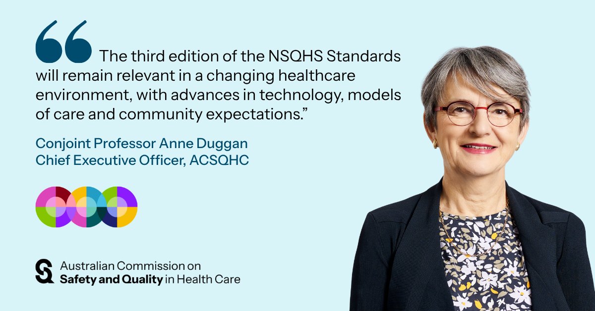 ACSQHC's tweet photo. CEO Conjoint Professor Anne Duggan says the development of the NSQHS Standards (third edition) is a collective effort to shape the future of healthcare in Australia, while remaining relevant in a changing environment.

Get involved 👉 https://t.co/yGO9setDJL #NSQHSSThirdEdition https://t.co/LpYjMs20Ik