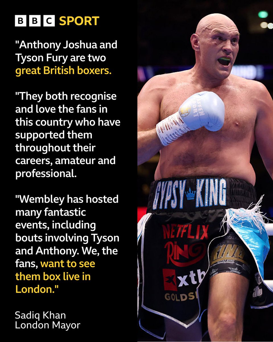 BBCSport's tweet photo. Sadiq Khan wants to see the proposed Tyson Fury-Anthony Joshua fight take place in London 👀🥊 https://t.co/Llyjf05tQL