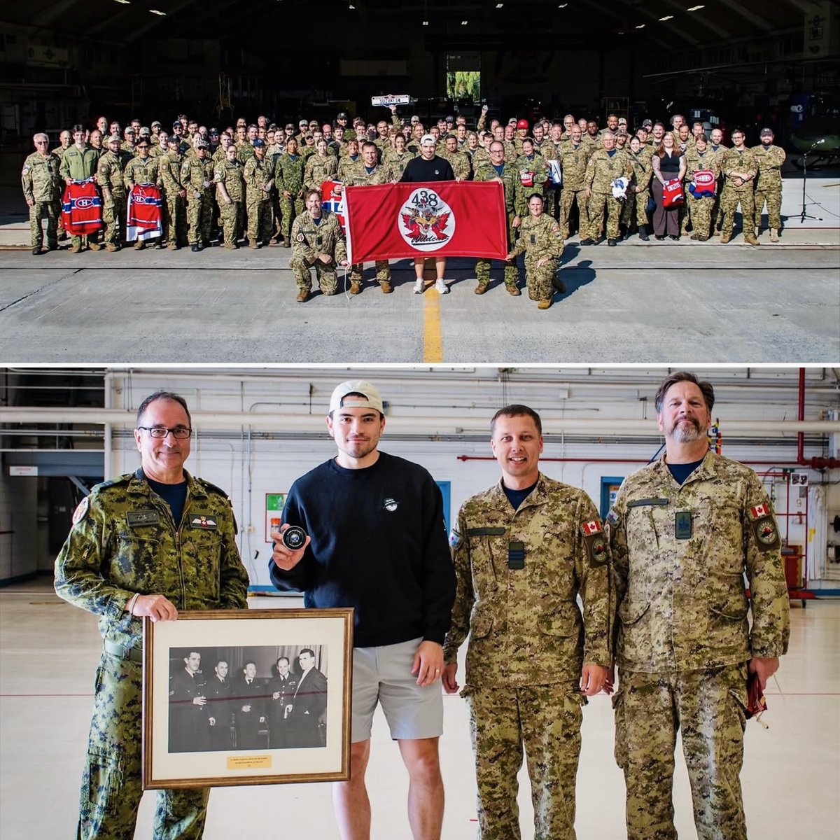 HabsOnReddit's tweet photo. Habs captain Nick Suzuki meeting the 438 Tactical Helicopter Squadron of the Royal Canadian Air Force 🇨🇦 

He presented them with a puck commemorating his 438th NHL point.

In 1955, Maurice “The Rocket” Richard visited the same unit, presenting a puck from his 438th NHL goal. https://t.co/2eBT7DFqcu