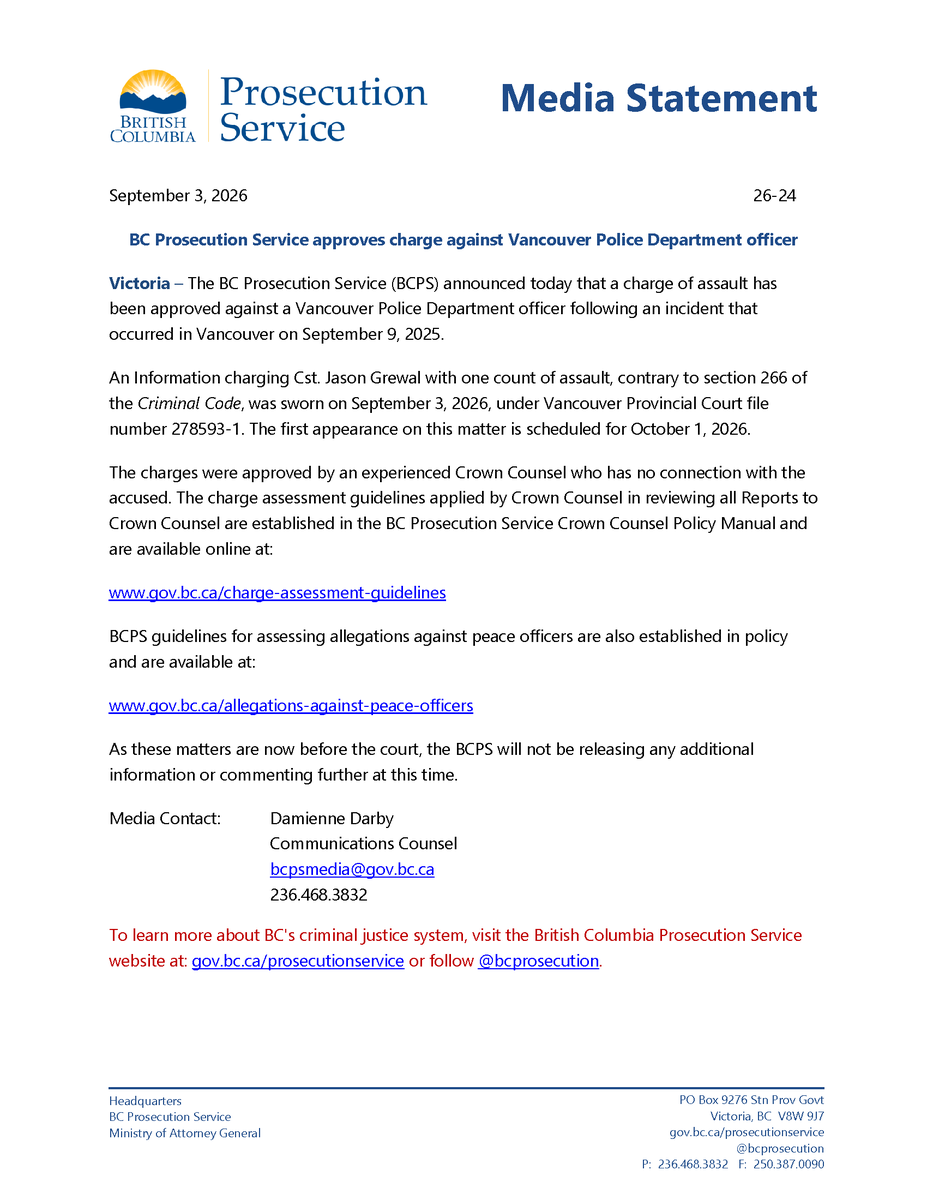 BCProsecution's tweet photo. The BC Prosecution Service announced that a charge of assault has been approved against a Vancouver Police Department officer following an incident that occurred in Vancouver on September 9, 2025. https://t.co/zvPNlYaYjK   #BCPS  #VPD https://t.co/v7YHtFL5jm