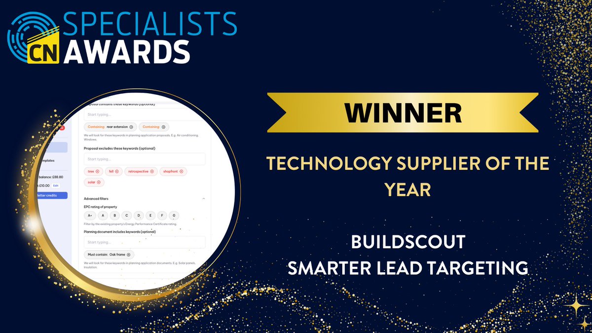 CNplus's tweet photo. A brilliant win for Buildscout, named Technology Supplier of the Year at the Construction News Specialists Awards 2026! A fantastic achievement for the team.
 
#CNSpec #Buildscout https://t.co/O6Qzwlro16