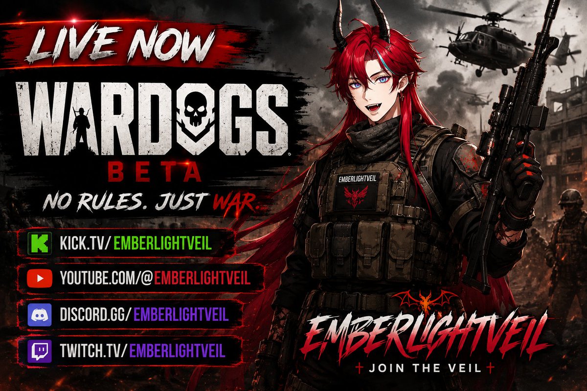 EmberLightVeil's tweet photo. 🔥 WARDOGS BETA TONIGHT! 🔥

Tonight we're jumping in LIVE to see what this game is all about!

🎮 Game: WARDOGS Beta
🔴 Stream: Tonight Thu, 3 Sept 2026, 21:00
💀 Mission: Survive, fight, and cause absolute chaos.
 
#WarDogs #WarDogsBeta https://t.co/IXZoAI8tUs