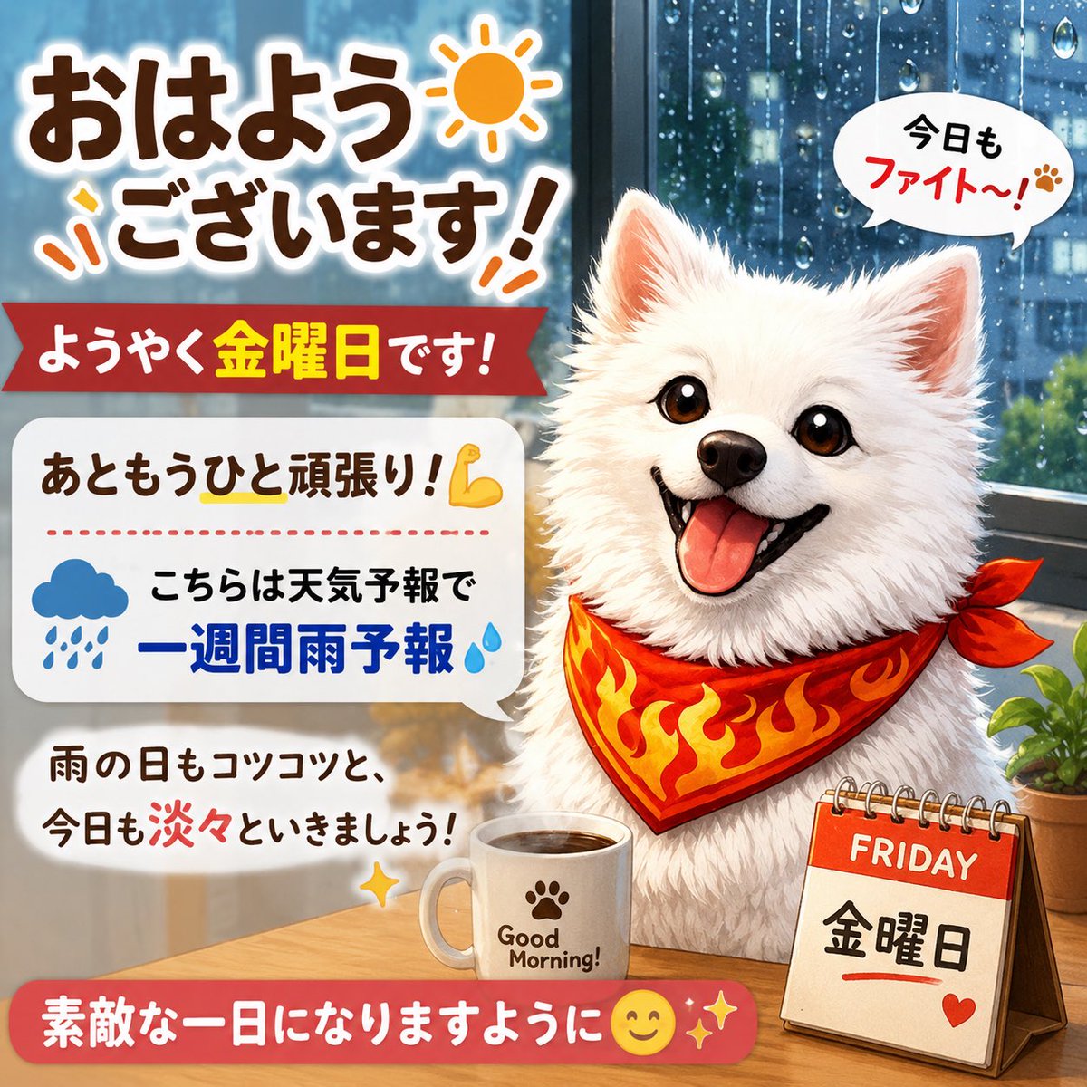 ysmsys's tweet photo. おはようございます☀️

ようやく金曜日ですね😊
今週もあともうひと頑張り！

こちらは天気予報を見ると、
一週間ずっと雨予報☔️

雨が続くと気分も少し下がりがちですが、
相場も天気も、晴れる日を待ちながら
今日も淡々といきたいと思います📈

皆さん、今日も良い一日を✨

#おはようございます #金曜日 #投資家さんと繋がりたい