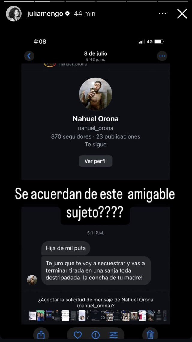 somoscorta's tweet photo. “Embargado hasta las bolas”

Tras el procesamiento de tres hombres que la hostigaban por redes, Julia Mengolini compartió en su Instagram capturas de las amenazas recibidas y celebró el fallo judicial. https://t.co/WqZiOd6B9v