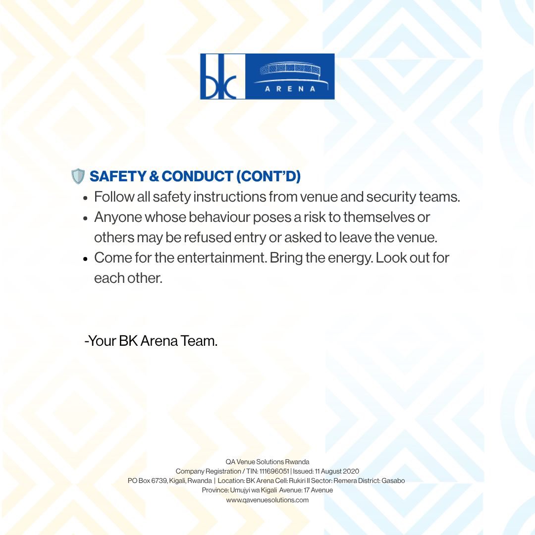 bkarenarw's tweet photo. YOUR BK ARENA GUIDE IS HERE 🚨

We’re setting the stage for incredible experiences at BK Arena, but these moments start with safe spaces.

Swipe through to check the official guidelines on venue entry, guest safety, and house policies before you pull up to events.

Lock in the protocol, drop it in the group chat, and let’s keep the energy high, and the memories unforgettable!🔥

#BKArena
#VisitRwanda
#NanjyeNiBK
#BK60
#NicyoGihe