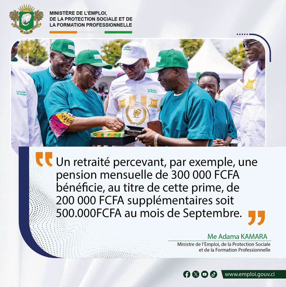 KassimDoumbia13's tweet photo. Bon à Savoir 🇨🇮

Un retraité percevant, par exemple, une pension mensuelle de 300 000 FCFA bénéficie, au titre de cette prime, de 200 000 FCFA supplémentaires, soit 500 000 FCFA au mois de septembre. »
Merci Président ADO ❤️ https://t.co/XRmtRdpG6i