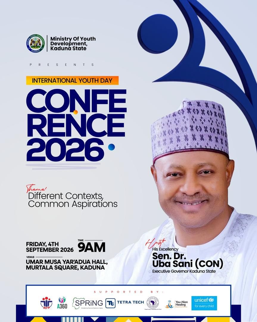 UbaSaniMedia_'s tweet photo. KADUNA HOSTS INTERNATIONAL YOUTH DAY CONFERENCE 2026

Kaduna State will host young people, stakeholders and development partners at the International Youth Day Conference 2026, themed “Different Contexts, Common Aspirations.”

📅 Friday, 4 September 2026
⏰ 9:00 AM
📍 Umar Musa Yar’Adua Hall, Murtala Square, Kaduna

The conference will provide a platform for meaningful conversations on youth development, skills, employment, peacebuilding and social cohesion, while celebrating the ideas, energy and potential of young people to shape Kaduna’s future.

Join us as we listen, connect and explore pathways for greater opportunities for young people.

#IYD2026 #InternationalYouthDay #WorkingForKaduna