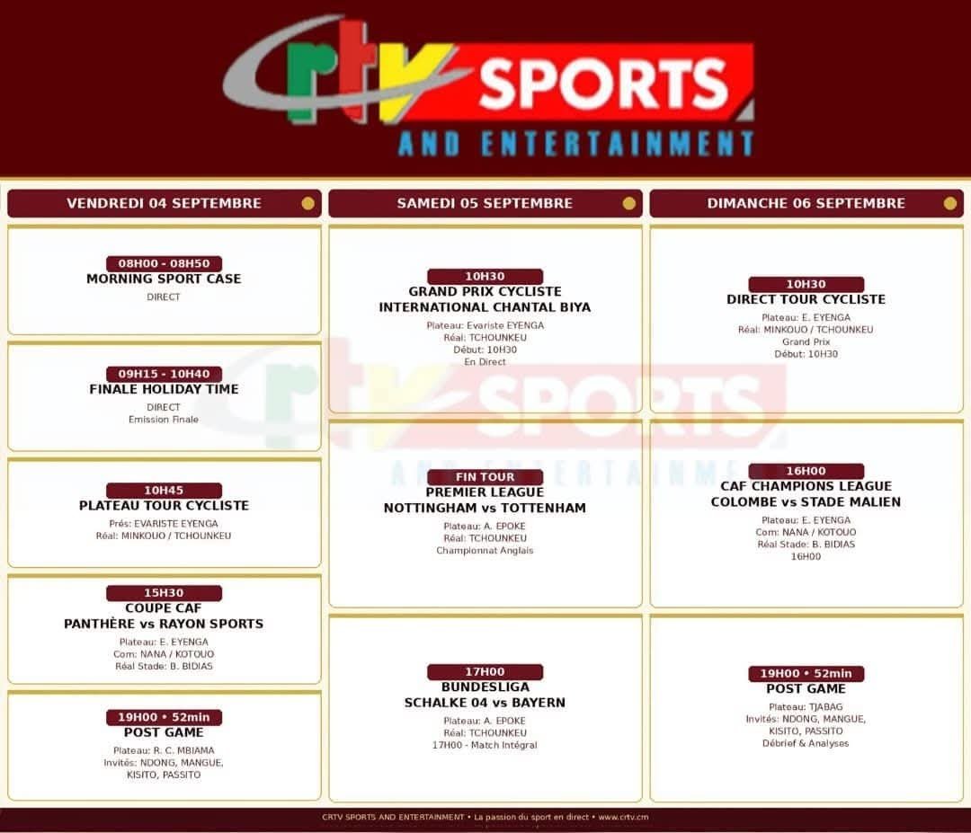TityKayishema's tweet photo. Panthere du Nde v Rayon Sports live on @CRTV_web

⚽ Panthere du Nde 16h30 Rayon Sports
🏟️
📺 CRTV SPORTS (Canal + 506)

CRTV SPORTS ya Televizo y'igihugu cya Cameroun yatangaje ko izerekana umukino wa CAF Confederation Cup uzahuza Panthere du Nde na Rayon Sports kuri uyu wa Gatanu, 16h30 za Kigali.

#Rwanda #TotalEnergiesCAFCC #RayonSports #Cameroon