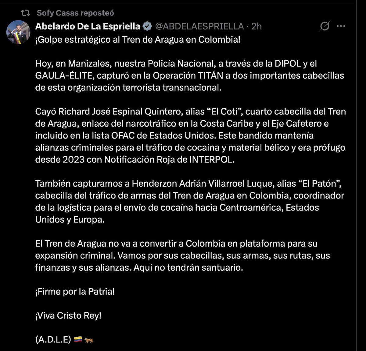 Horadelaverdad's tweet photo. @ABDELAESPRIELLA  destaca golpe estratégico al Tren de Aragua

El presidente  destacó la captura de dos cabecillas del Tren de Aragua en Manizales durante la Operación Titán y aseguró que su Gobierno irá por sus cabecillas, armas, rutas y finanzas. https://t.co/g3pTTY7f6J