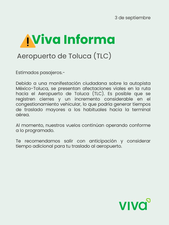 VivaTeEscucha's tweet photo. #VivaInforma #AvisoImportante #Aeropuerto #Toluca #TLC

Consulta información adicional relacionada con esta afectación desde el siguiente enlace: https://t.co/LyVJPgfafH

Entérate en tiempo real del estatus de tu vuelo dando clic aquí 👉 https://t.co/XYD0VXN859 https://t.co/nydQBKxZkA