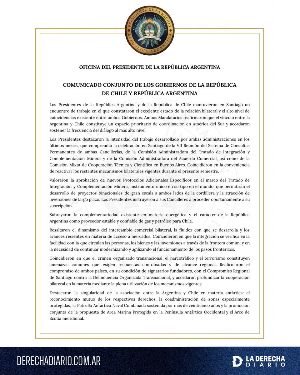 laderechadiario's tweet photo. 🚨🇦🇷🇨🇱 | URGENTE — La Oficina del Presidente Milei publicó un comunicado tras la reunión con José Antonio Kast, en el que el presidente chileno RATIFICÓ el “respaldo de Chile a los legítimos derechos de soberanía de la República Argentina sobre las Islas Malvinas”. https://t.co/ZhKXMTmGwQ