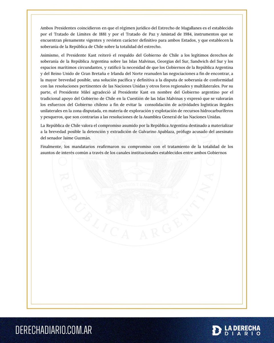 laderechadiario's tweet photo. 🚨🇦🇷🇨🇱 | URGENTE — La Oficina del Presidente Milei publicó un comunicado tras la reunión con José Antonio Kast, en el que el presidente chileno RATIFICÓ el “respaldo de Chile a los legítimos derechos de soberanía de la República Argentina sobre las Islas Malvinas”. https://t.co/ZhKXMTmGwQ