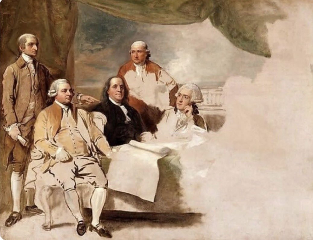 TRHLofficial's tweet photo. This unfinished painting was supposed to capture the end of the Revolution with a depiction of the signing of the Treaty of Paris, today in history, September 3, 1783z
But the British delegation refused to sit for it. https://t.co/gc7bQrqAMM
