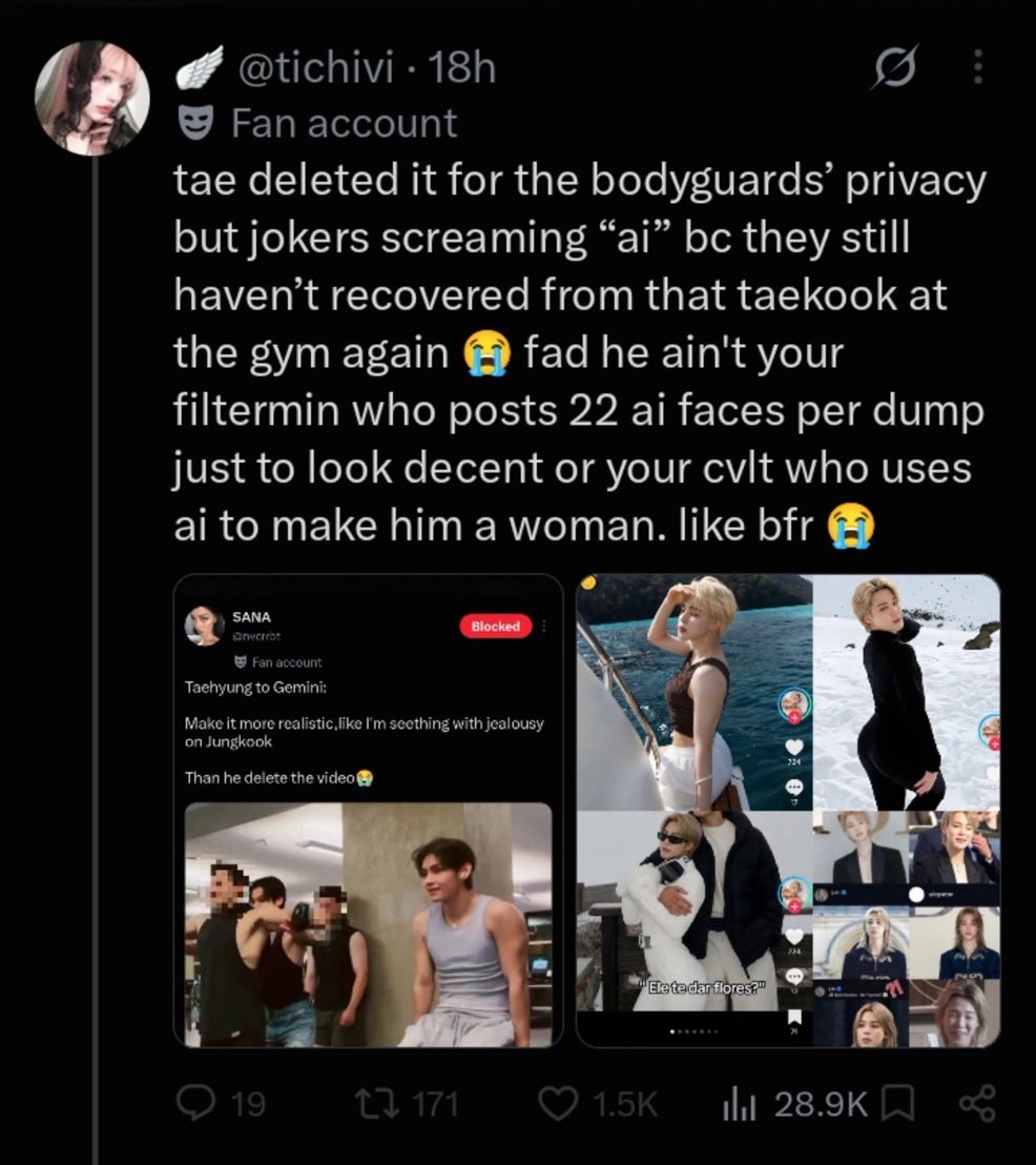 Toni2ya's tweet photo. @tichivi so that’s your excuse now first of all the  that gym stuff was AI made by Tae and the reason Jimin deleted his was because it showed a bottle of Fiji water they’re not allowed to show any namebrand unless they are an ambassador to it so keep crying babies what’s going to be your next excuse🤣🤣🤣