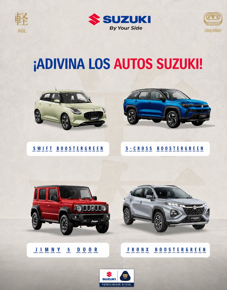 iKAlexis26's tweet photo. @Suzuki_Mex @PumasMX #SUZUKIElMotorDeTuPasión

1. Swift BoosterGreen
2. S-Cross BoosterGreen
3. Jimny 5-Door
4. Fronx BoosterGreen https://t.co/uAy9PuWp2O