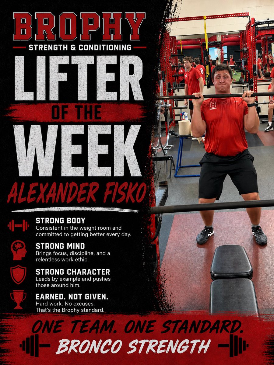 BrophyStrength's tweet photo. Lifter of the week profile: Senior Alexander Fisko
Sport: baseball
Hobbies: Singing, playing guitar and spending time with friends 
Weight room accomplishments: squat 400 for 3, deadlift 485 for 6 and bench press 225
Favorite lift: deadlift
Goal for this year: increase speed
Favorite quote: “Keep your face always toward the sunshine and shadows shadows will fall behind you” - Walt Whitman
Quotes - “Alexander is one of the hardest working players we have. He is always giving his best effort and constantly looking for ways to improve. He is one of the most coachable kids on campus and is always eager to learn.” Head baseball coach Josh Garcia
“Alexander is very focused and diligent in the weight room. He never misses a lift, a set or a rep in workouts. He is intentional about getting better in all aspects of the game. His work ethic is admirable and an example to his teammates” Director of Strength and Conditioning Kyle Vanden Bosch @BrophyAthletics @JoshGar @Brophy_Baseball
