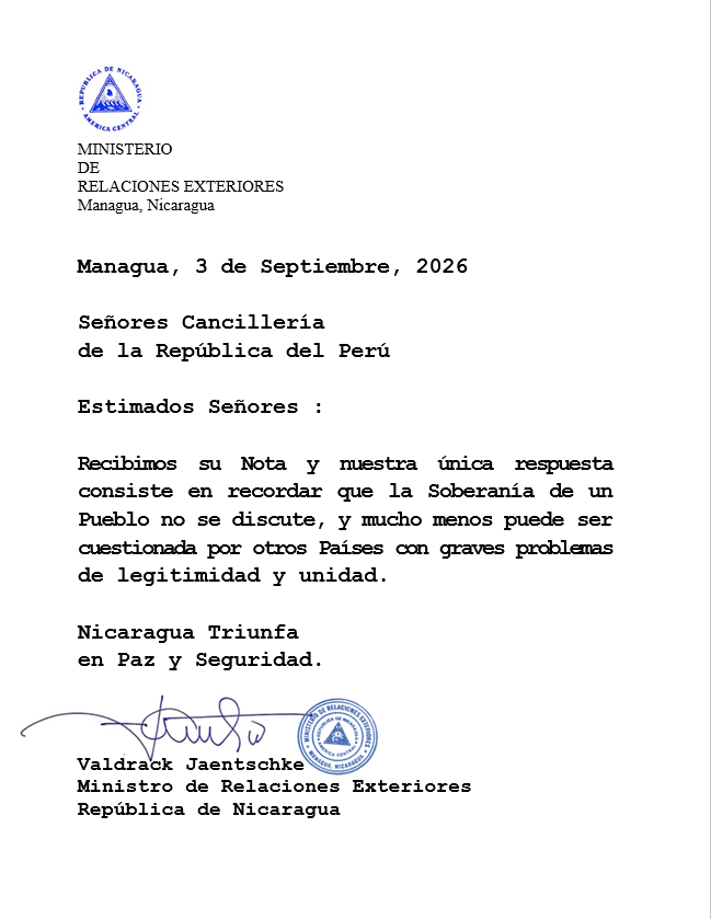 el19digital's tweet photo. 🔴 #Carta a la Cancillería de Perú 

Carta del Ministerio de Relaciones Exteriores de la República de Nicaragua  a la Cancillería de #Perú https://t.co/gWhc3cS5f3