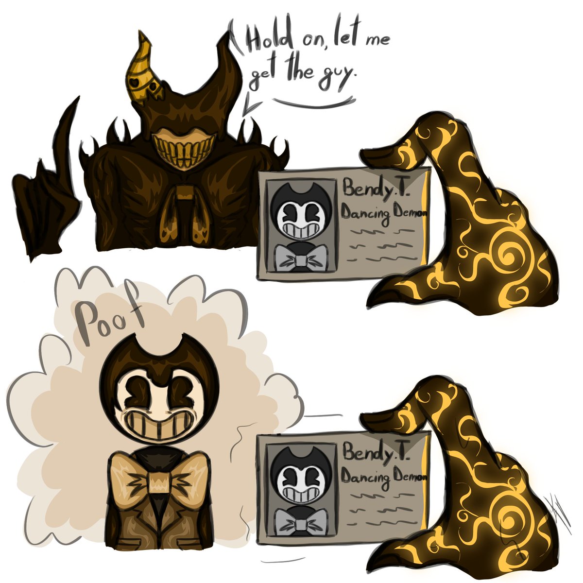 PixulSfant's tweet photo. Ink Demon: "Yo twin, we need the identification"
Toony: "Gotcha lad"
#Bendy #Batdr #InkDemon https://t.co/sxdUzz7hBm