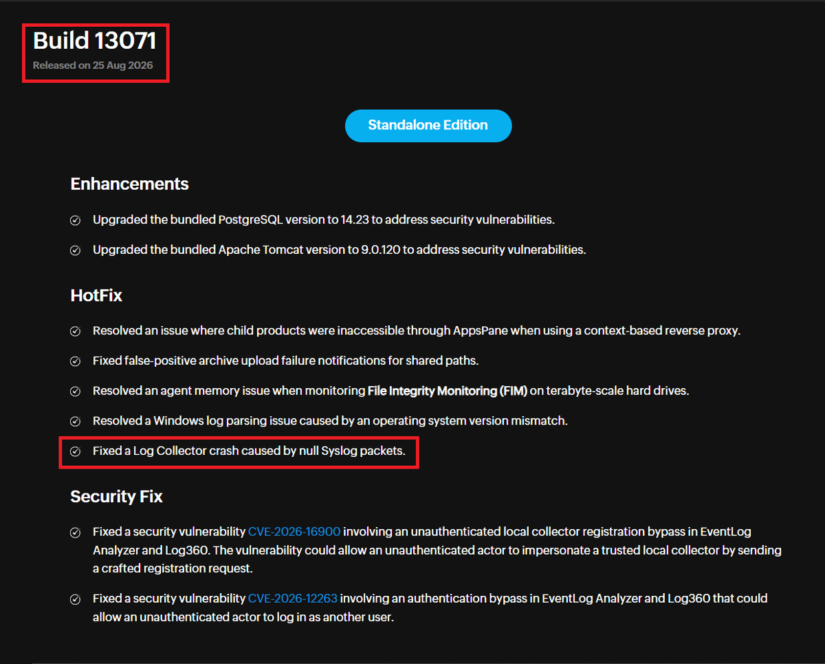 skraft09's tweet photo. Unauthenticated DoS in ManageEngine EventLog Analyzer / Log360 Syslog Collector via Signed-Length Underflow in StringUtil::TrimAllNull
Vendor patched the flaw, but didn't assign CVE.
Upgrade to Build 13071.
PoC, full write-up here👉https://t.co/h34KbAkEH0
#Zoho #ManageEngine #Log360 #CVE #TogetherWeHitHarder