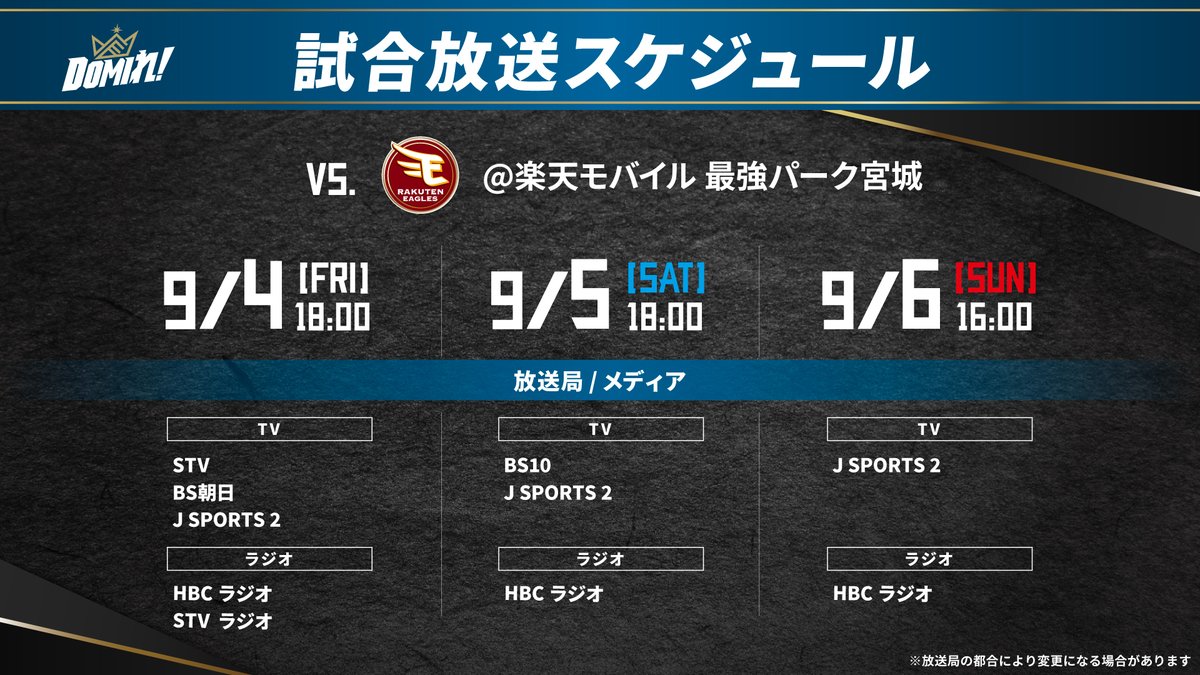 FightersPR's tweet photo. 📺 放送スケジュール 📻

9/4(金)・5(土)・6(日)
楽天モバイル 最強パーク宮城にて
東北楽天ゴールデンイーグルス戦🔥

👉https://t.co/UrSLcb1R0M
※放送局の都合により変更になる可能性があります

#lovefighters https://t.co/zqDRcXeSng