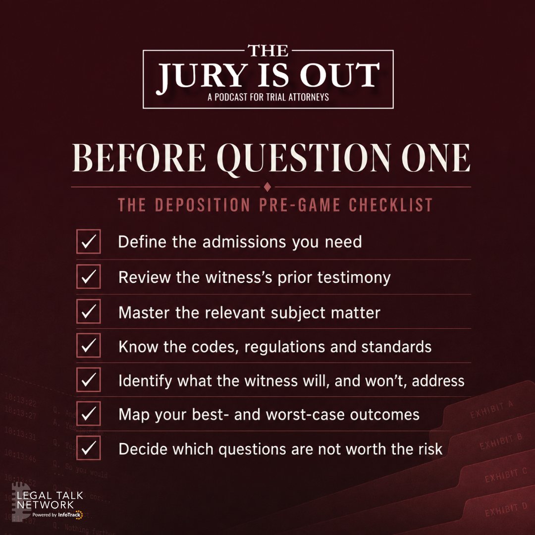 LegalTalkNet's tweet photo. 🎯 Build the case backward.
Start with the result, then design your path.
🎧 Learn to make every question serve the case: https://t.co/KnhXlBh5dF
Build stronger cases before testimony begins.
#DepositionPrep #TrialLawyers #LitigationStrategy #TrialAdvocacy https://t.co/P0PEA2fhR2