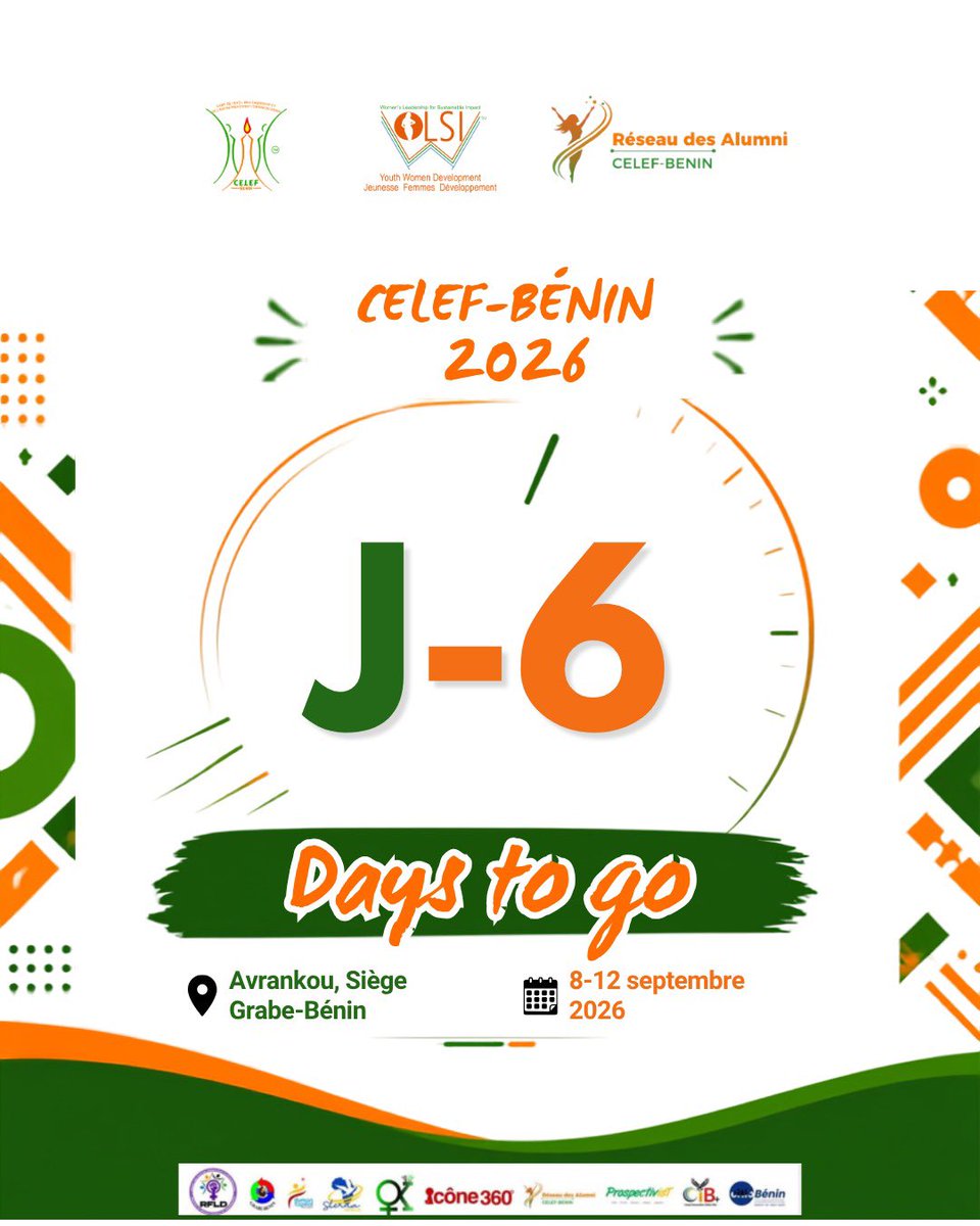 racelefbenin's tweet photo. 🚀CELEF-Bénin 2026 : Le compte à rebours est officiellement lancé ⏳
Restez connectés, le grand jour approche à grand pas ‼️🔥
@RfldOrg @WoLSI_Officiel
#CELEFBénin2026 #AlumniCELEF #Leadership #Entrepreneuriat #DéveloppementDurable https://t.co/IxhsH2K5LR
