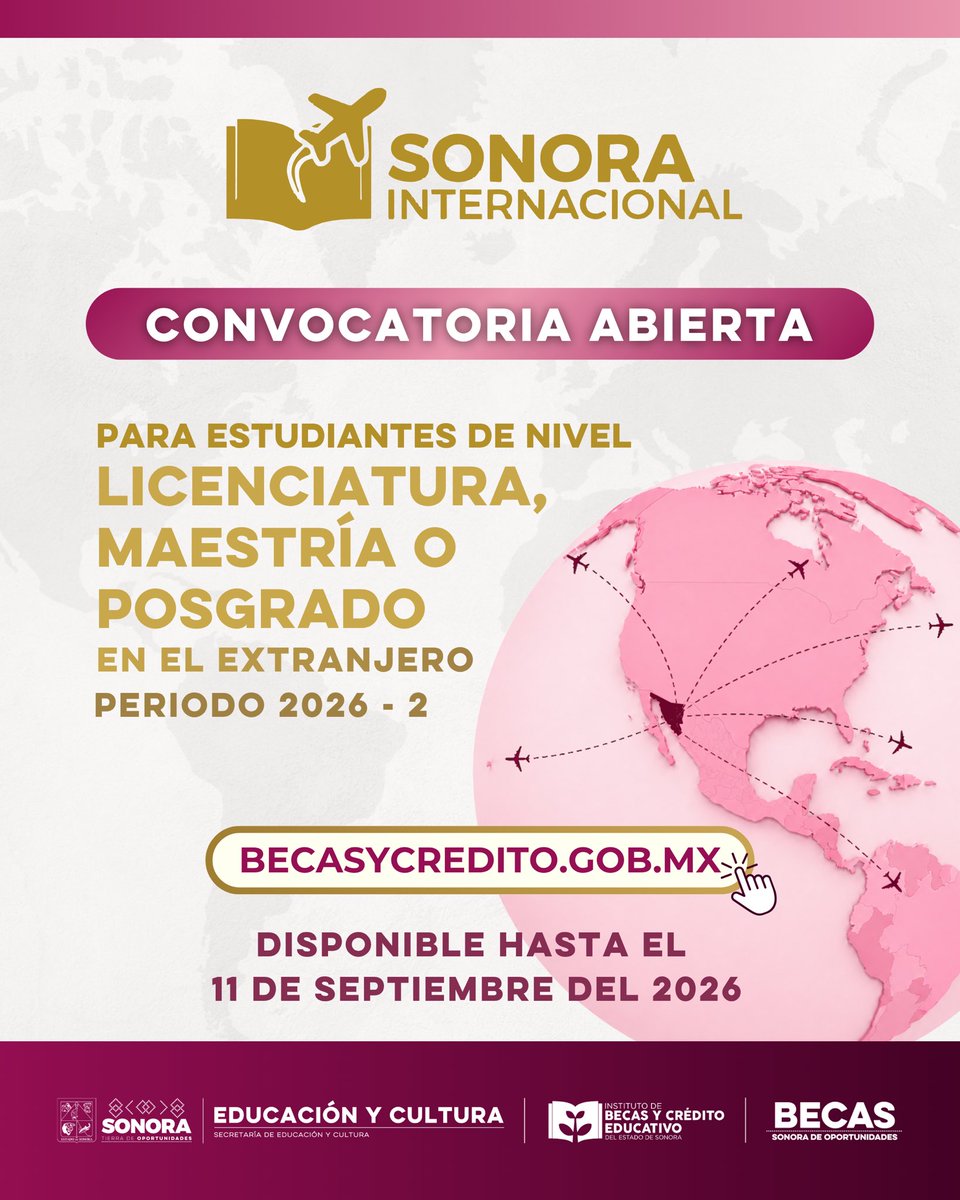 BecasyCredito's tweet photo. 🌎 ¡Tu experiencia académica puede ir más lejos!

Si estás estudiando una licenciatura, maestría o posgrado en el extranjero, todavía puedes formar parte de Sonora Internacional 2026-2.

Tienes hasta el 11 de septiembre para registrarte en https://t.co/lWbyZBOPq7 https://t.co/MocdPPhLqd