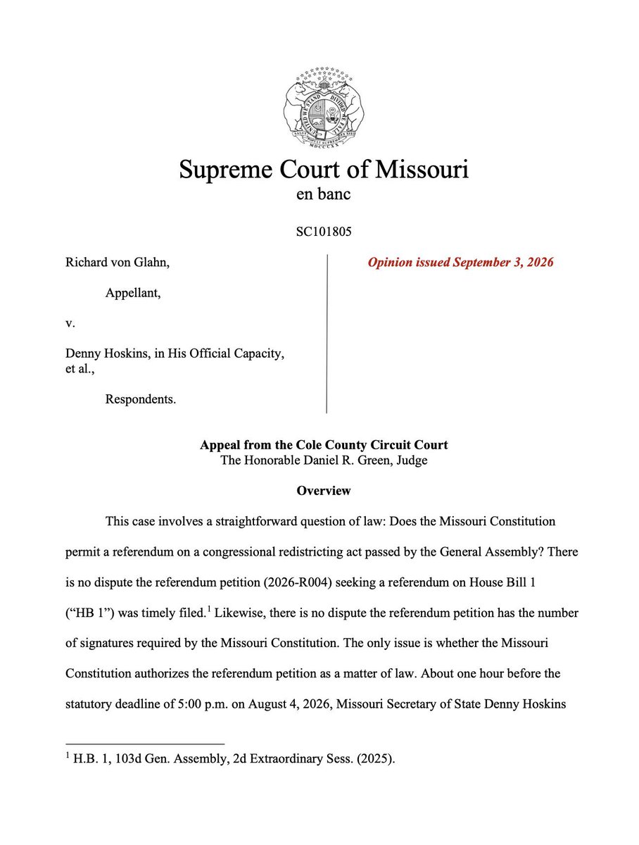 IAPolls2022's tweet photo. BREAKING: Missouri Supreme Court just blocked the new 7R-1D congressional map.

Voters will use the old 6R-2D lines in November. https://t.co/GUWCntl61J