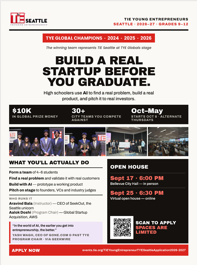 SeattleTiE's tweet photo. CALLING ALL SEATTLE AREA HIGH SCHOOL STUDENTS!
Ready to build a real startup before you graduate?

👉 Register now
https://t.co/XWYyuZUccd

Come with an idea. Build something real. Compete on the global stage. 

#HighSchoolStudents #StudentEntrepreneurs https://t.co/fs48t1yxY7
