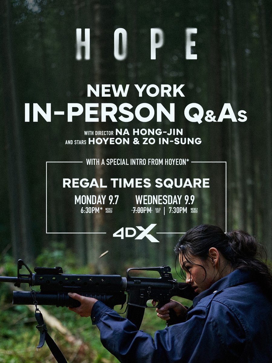 hope_thefilm's tweet photo. Feel every chase, every shot, every explosion. Experience HOPE in @4dxusa with in-person intros and Q&amp;As with director Na Hong-Jin and stars Hoyeon and Zo In-Sung. Get ticket now: https://t.co/J3TNQSsjAN https://t.co/1H2AhCEnxO
