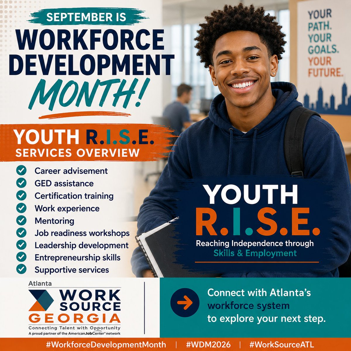 WorkSourceATL's tweet photo. ATL youth 16–24 — build skills, get training, mentorship &amp; more with Youth R.I.S.E.! Don’t miss FREE R.I.S.E. Talks every 2nd Thu, 4–5 PM. Register: https://t.co/3rai1jKfWs 
#YouthRISE #WorkforceDevelopmentMonth #ATLYouth #FutureReady #SkillsForSuccess #RiseUpATL https://t.co/FYBu9AhpLE