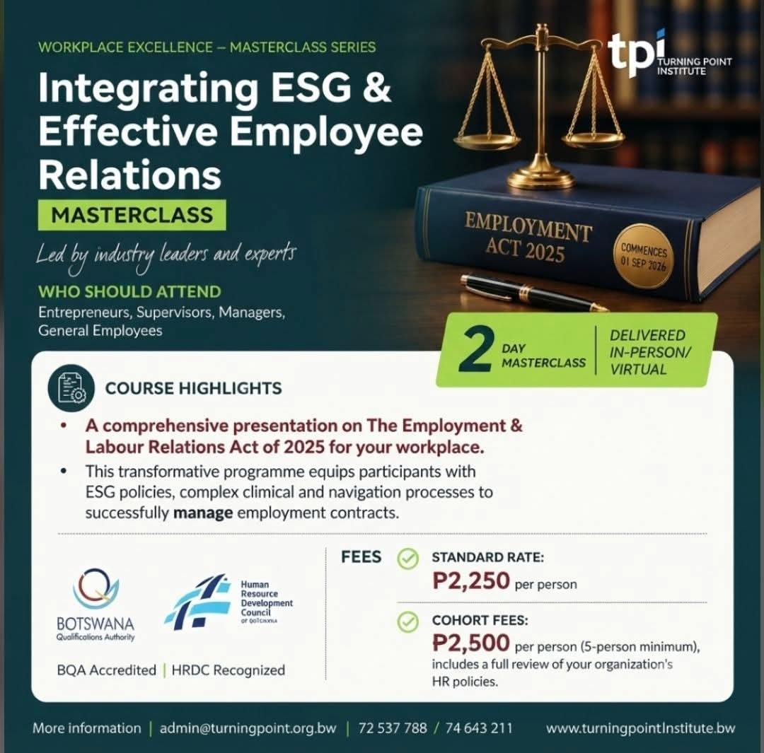 HlangananiICT's tweet photo. As of 1 September 2026, Botswana’s Employment &amp; Labour Relations Act, 2025 is in force.

Learn how to adapt your contracts, HR policies, disciplinary procedures and termination processes..

HRDC Recognised 
📧 admin@turningpoint.org.bw
📞 746 432 11 https://t.co/FrsFB30yiC