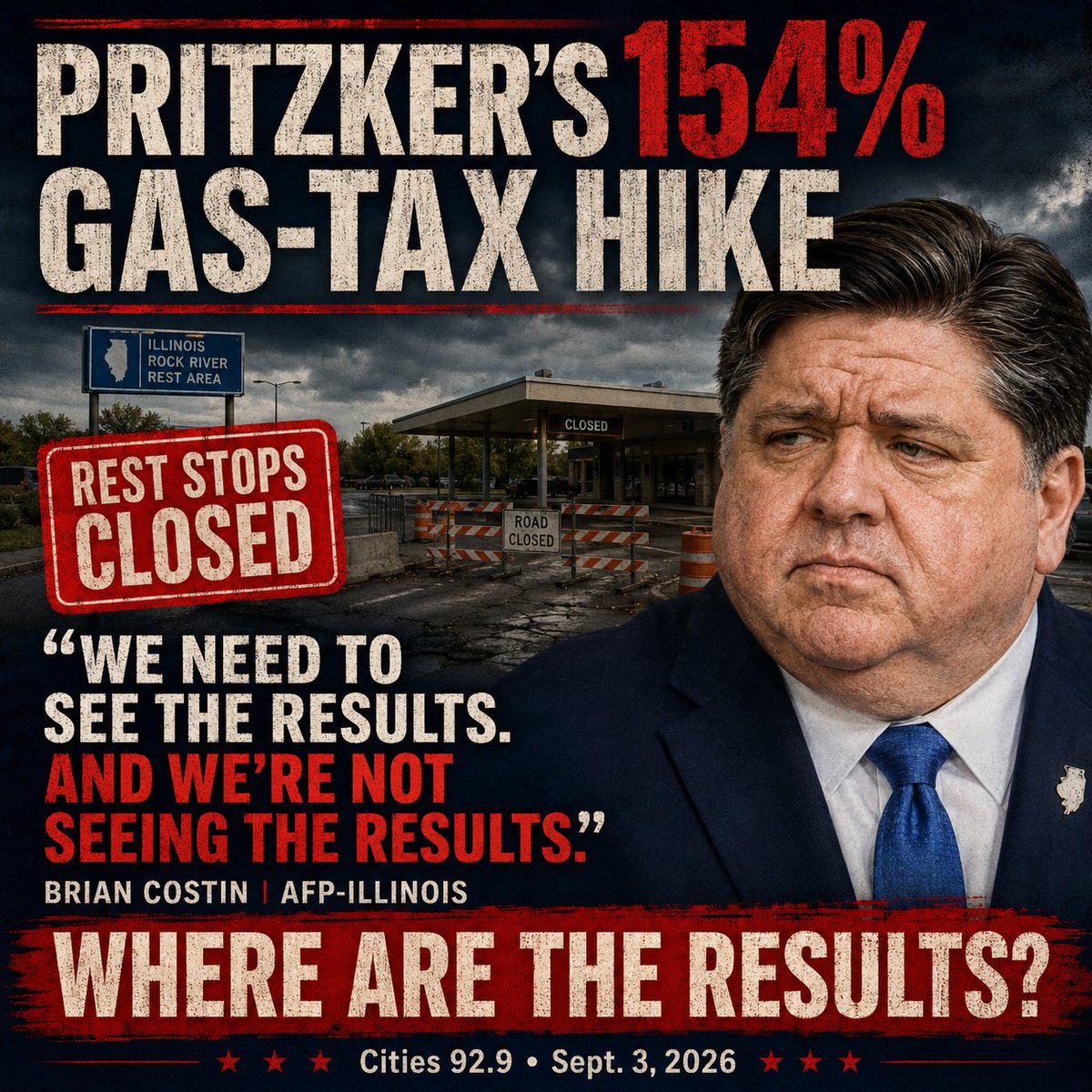 BrianCostin's tweet photo. Under Gov. Pritzker, Illinois’ gas tax has increased 154%. Yet rest stops have remained closed for years, and drivers still aren’t seeing better results.

Illinoisans are paying more. Where has all the money gone?
https://t.co/wITnlshzq2 https://t.co/Ki4eR31ID2