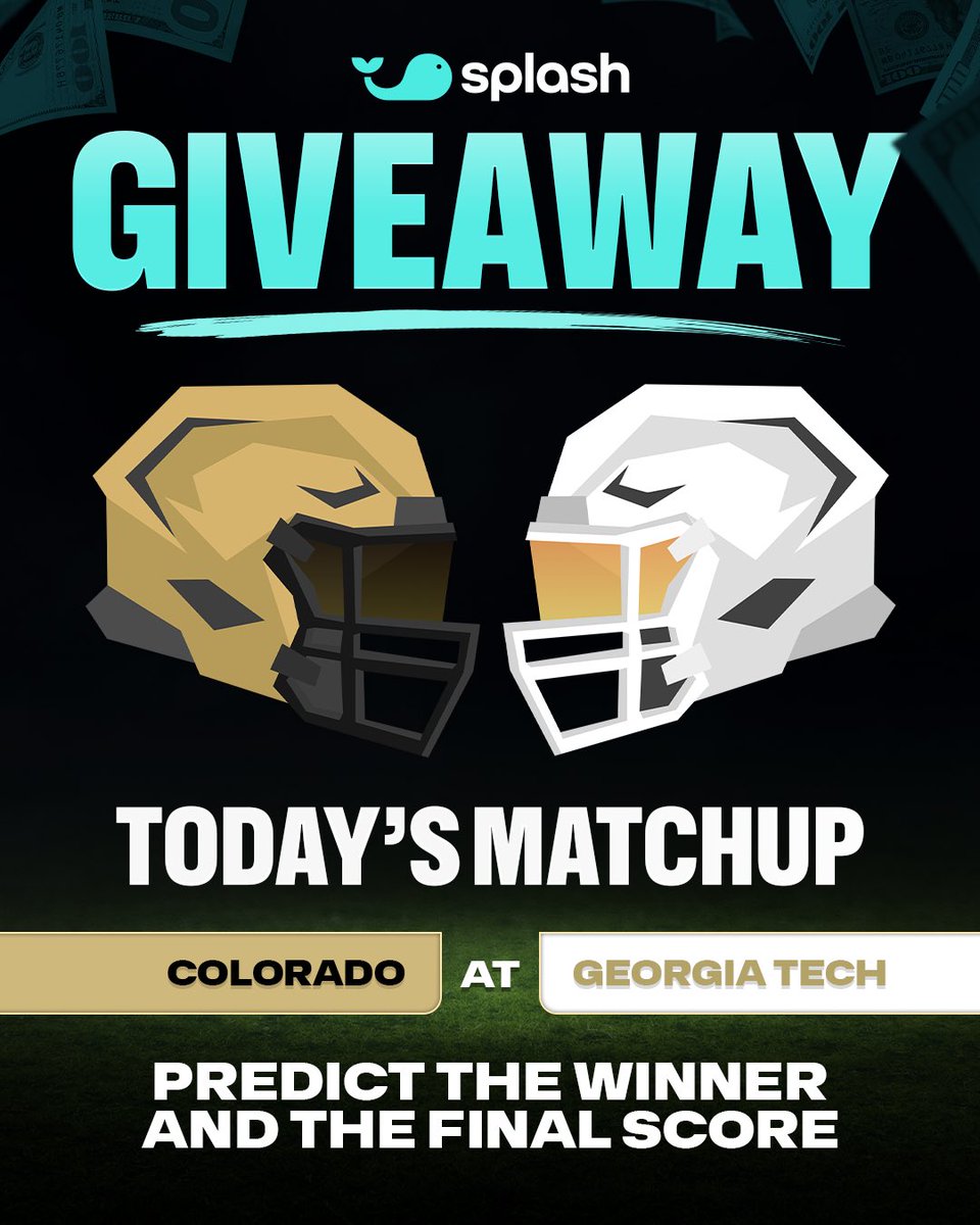 splashsports's tweet photo. 💵 $1,000 QuickPicks Voucher Giveaway! 🏈

We'll split $1,000 in QuickPicks Vouchers between 10 people who correctly predict the winner and score of tonight's Colorado-GT game 🤝

To enter ⬇️

1. Like &amp; repost this post 🩵
2. Comment your score prediction for the game 💬 https://t.co/Kb5knz8963