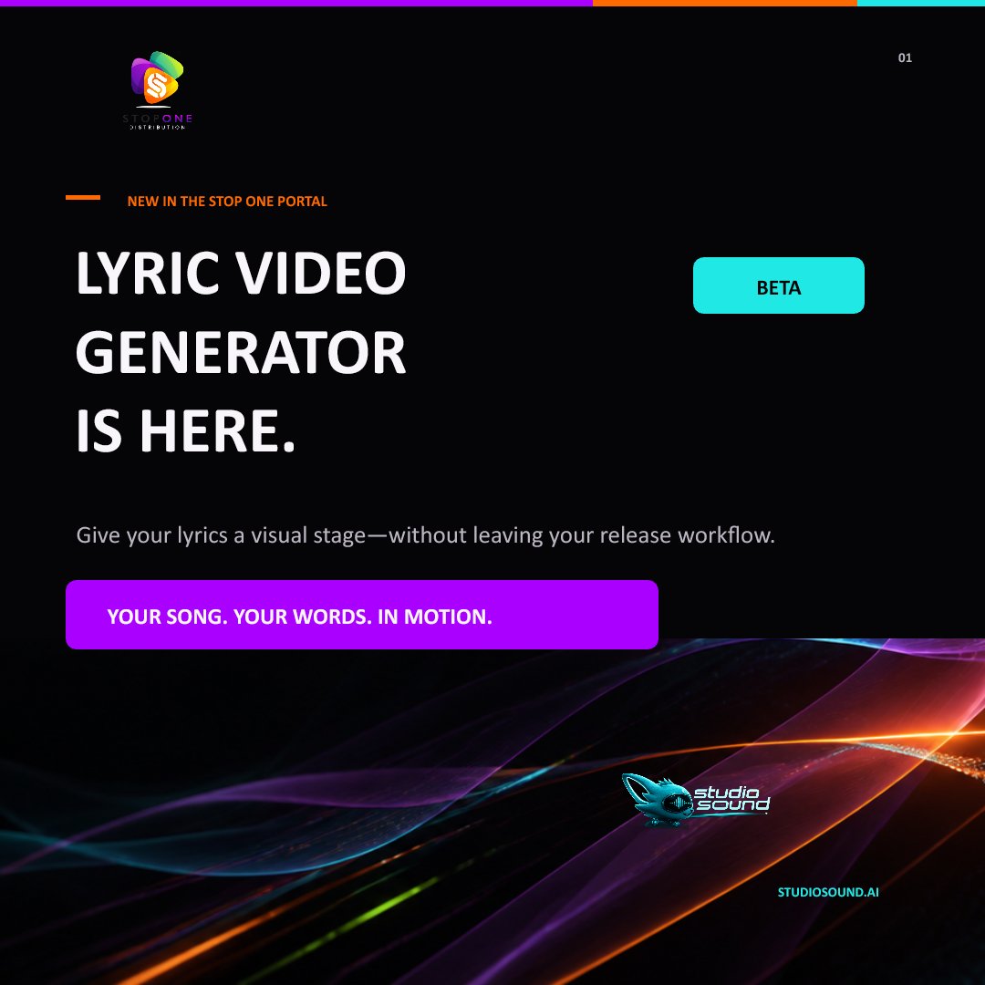 stoponedistro's tweet photo. New in the Stop One portal: Lyric Video Generator is now available in beta.

Turn your lyrics into visual content without leaving your release workflow—powered by Studio Sound AI.

What song would you turn into a lyric video first? https://t.co/FQzTJlFABU