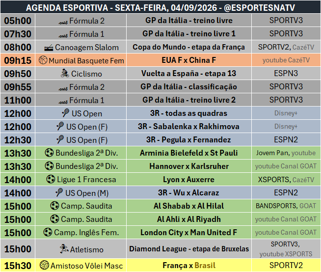 EsportesNaTV's tweet photo. A agenda esportiva desta SEXTA-FEIRA (04/09/2026) https://t.co/LAzMPH46wX