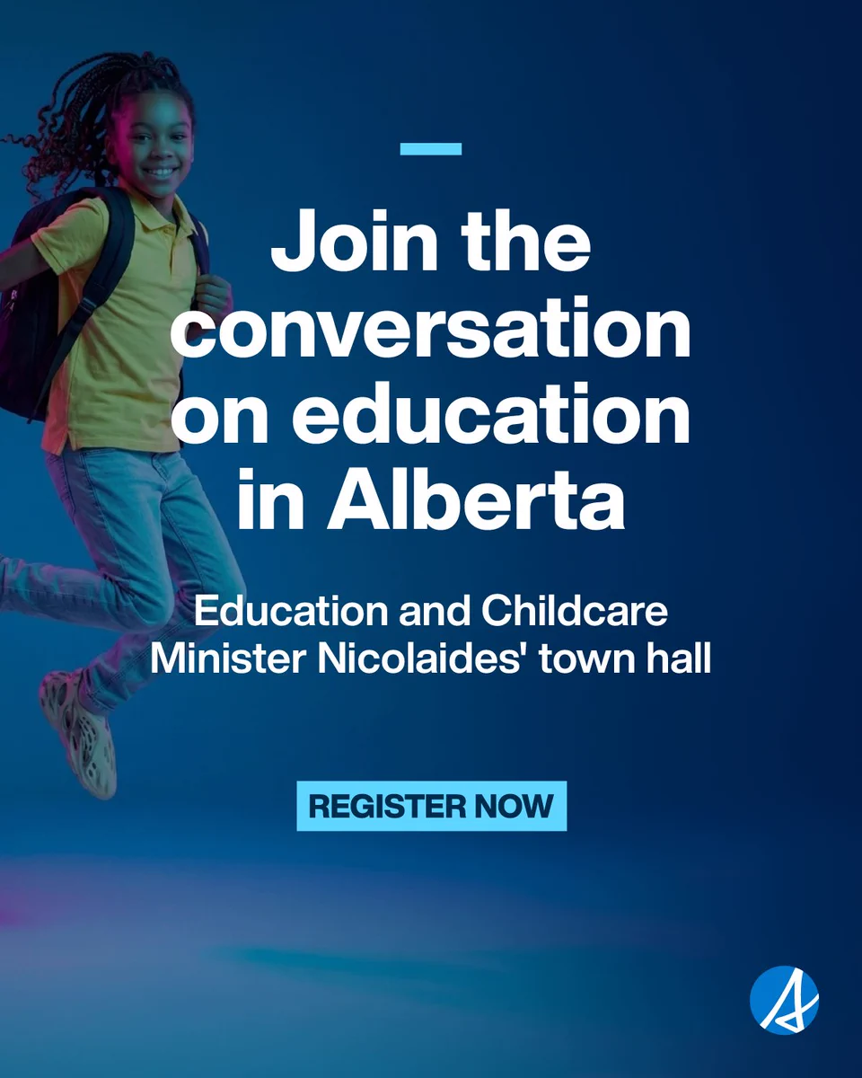 A blue background with a young child jumping. She is smiling and wearing a green polo shirt and jeans. Text reads Join the conversation on education in Alberta. Education and Childcare Minister Nicolaides’ town hall. Register now.