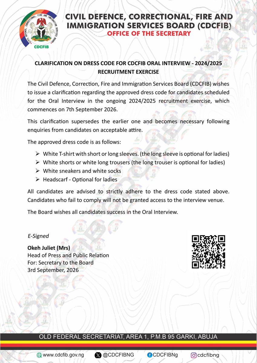 CDCFIBNG's tweet photo. CLARIFICATION ON DRESS CODE FOR CDCFIB ORAL INTERVIEW - 2024/2025 RECRUITMENT EXERCISE https://t.co/kjP0mAt0p9
