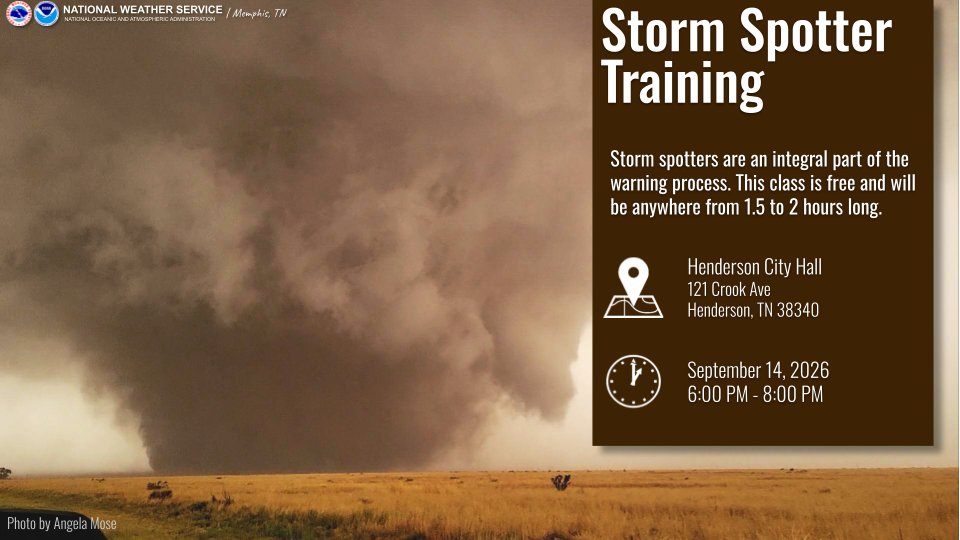 NWSMemphis's tweet photo. 📢 Our Fall 2026 SKYWARN class schedule is now posted. Join us for our first talk in Henderson, TN on 9/14 followed by a virtual class on 9/24! For more information and to register for the virtual classes, visit https://t.co/JVbfDf2zrA https://t.co/C258nc7igl