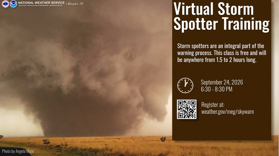 NWSMemphis's tweet photo. 📢 Our Fall 2026 SKYWARN class schedule is now posted. Join us for our first talk in Henderson, TN on 9/14 followed by a virtual class on 9/24! For more information and to register for the virtual classes, visit https://t.co/JVbfDf2zrA https://t.co/C258nc7igl